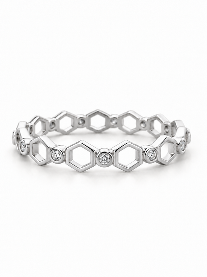 Hexagon Orbit Bezel Stacker Ring in white gold, horizontal front three-quarter view