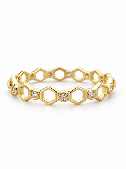 Hexagon Orbit Bezel Stacker Ring in yellow gold, horizontal front three-quarter view