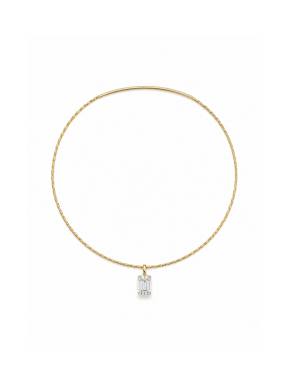 Yellow-gold sculptural collar necklace styled with one oversized clear emerald-cut rectangular statement pendant, showing its smooth upper curve and textured lower section on a white background.