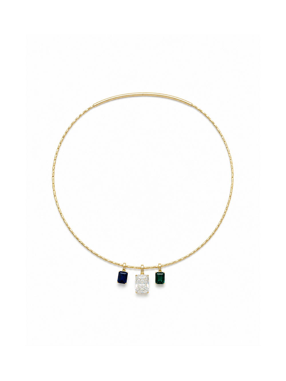 Yellow-gold sculptural collar necklace styled with three removable emerald-cut pendants in sapphire blue, clear and emerald green, demonstrating the interchangeable three-stone configuration on a white background.