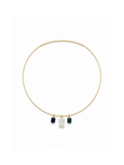 Yellow-gold sculptural collar necklace styled with three removable emerald-cut pendants in sapphire blue, clear and emerald green, demonstrating the interchangeable three-stone configuration on a white background.