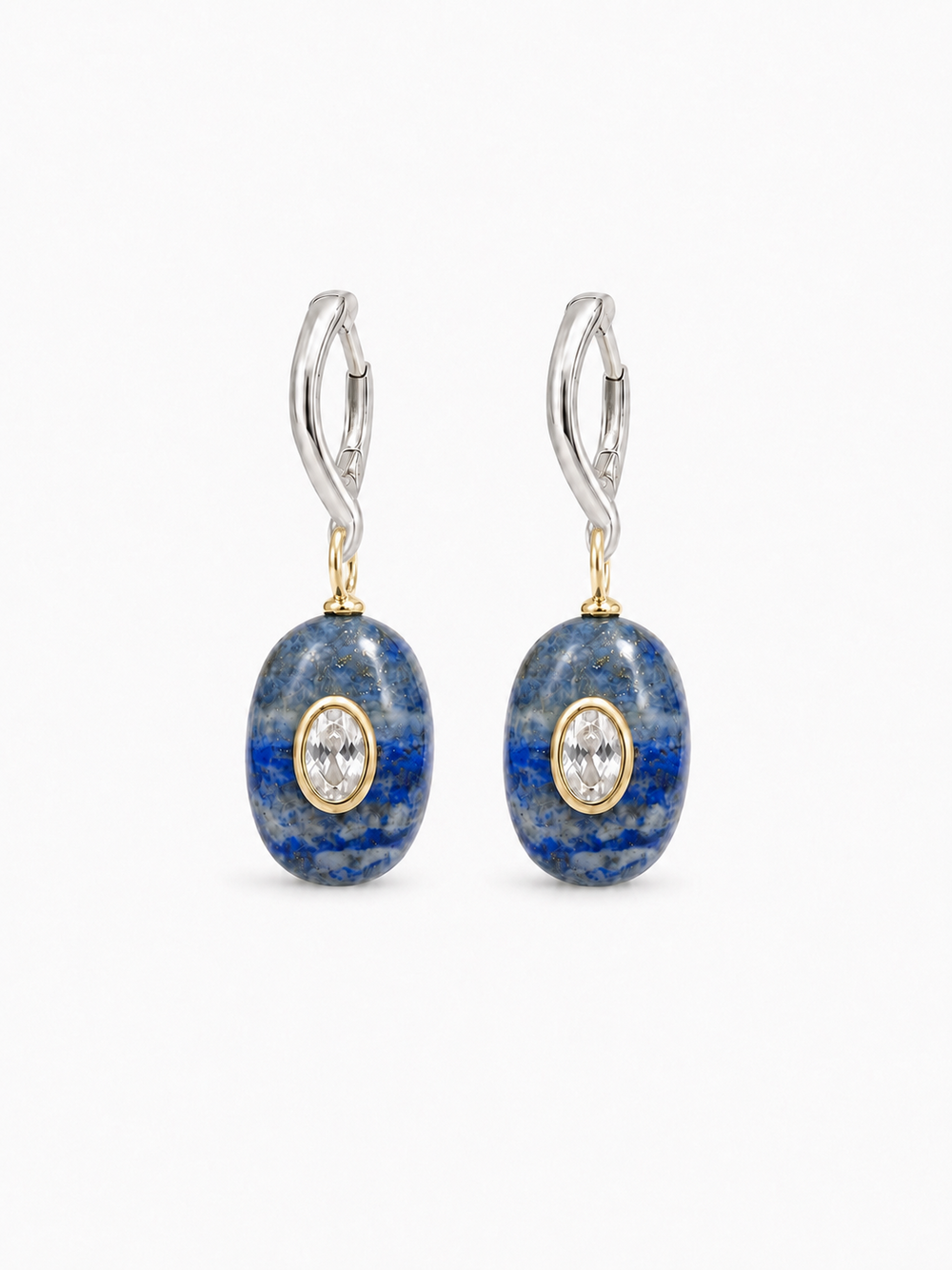 Detachable lapis drop earrings with white gold wavy hoops passing through sideways gold jump rings