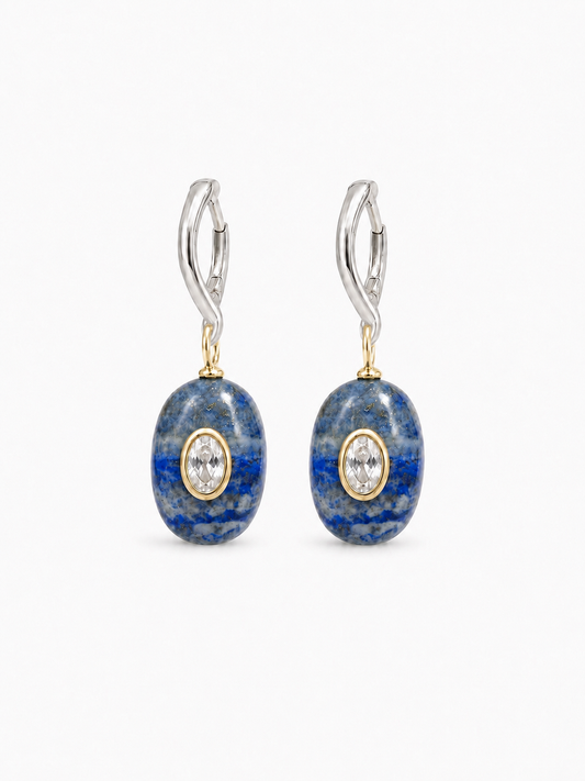Detachable lapis drop earrings with white gold wavy hoops passing through sideways gold jump rings