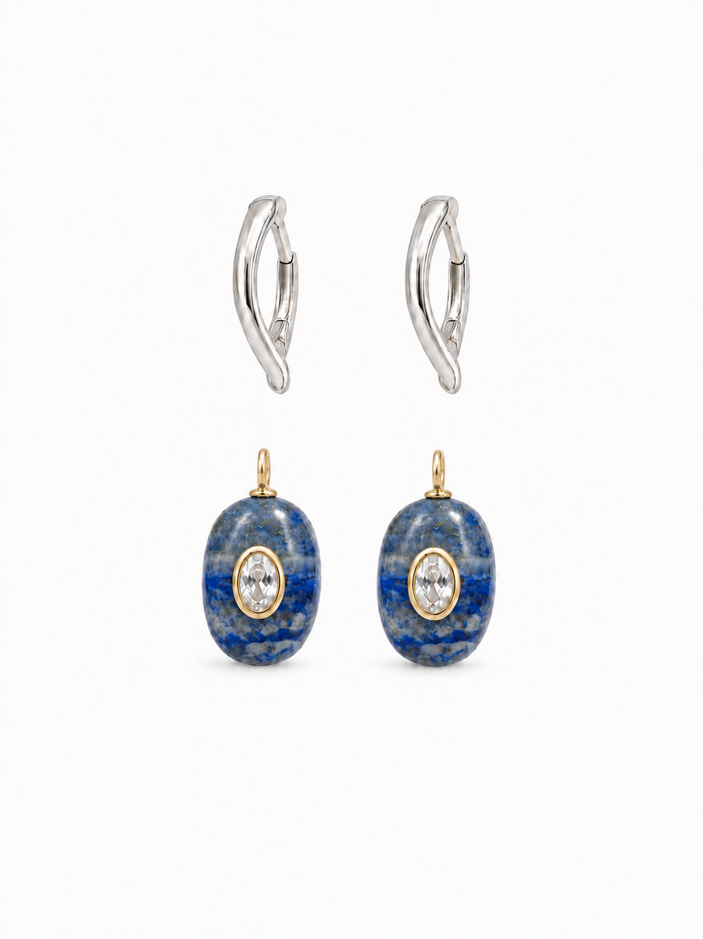 Detached white gold hoops and lapis charms with attached sideways gold jump rings