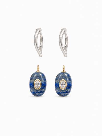 Detached white gold hoops and lapis charms with attached sideways gold jump rings
