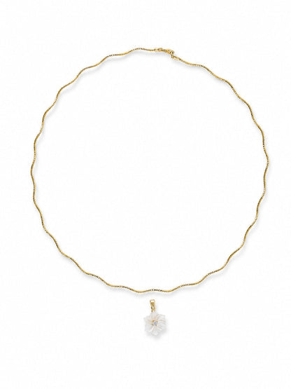 Lilli Floral Seaside Sculptural Necklace in yellow gold with the detachable five-petal mother-of-pearl flower pendant shown separated on a white background.