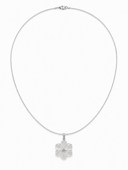 Lilli six-petal translucent carved flower pendant on a fine white-gold necklace
