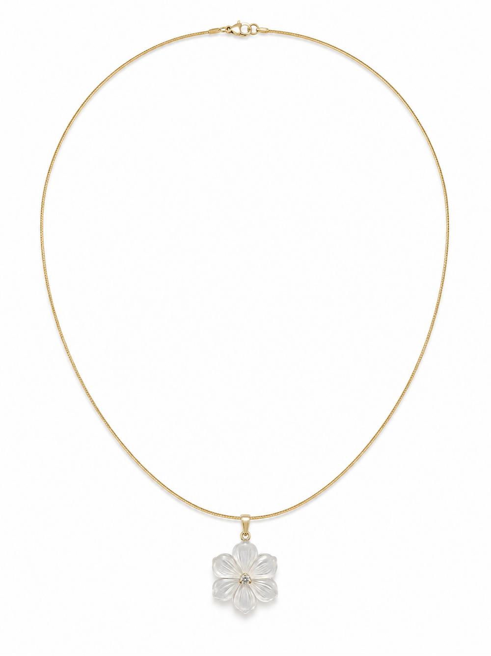 Lilli six-petal translucent carved flower pendant on a fine yellow-gold necklace