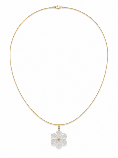 Lilli six-petal translucent carved flower pendant on a fine yellow-gold necklace
