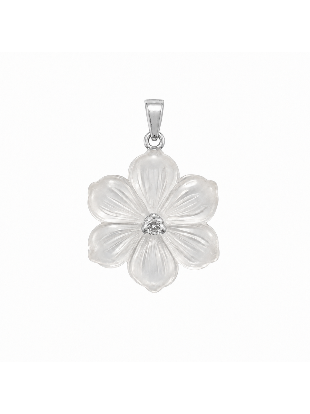 Lilli six-petal translucent carved flower pendant with clear center stone in white gold