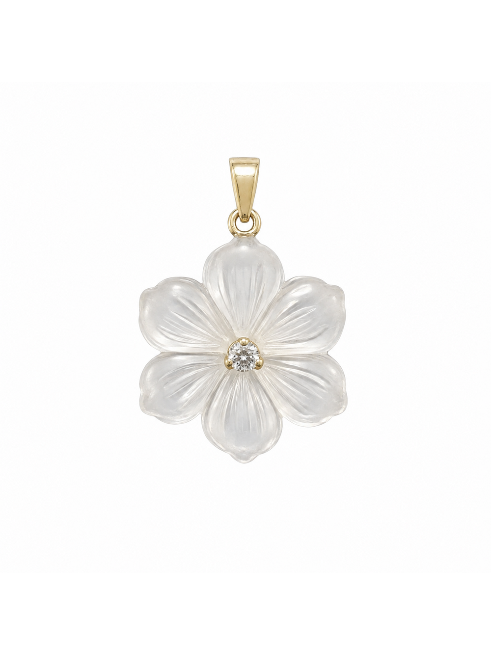 Lilli six-petal translucent carved flower pendant with clear center stone in yellow gold