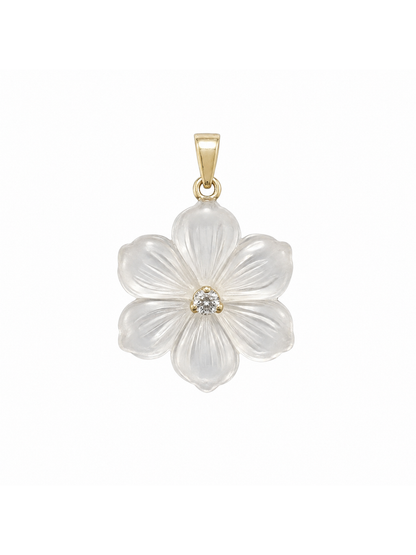 Lilli six-petal translucent carved flower pendant with clear center stone in yellow gold