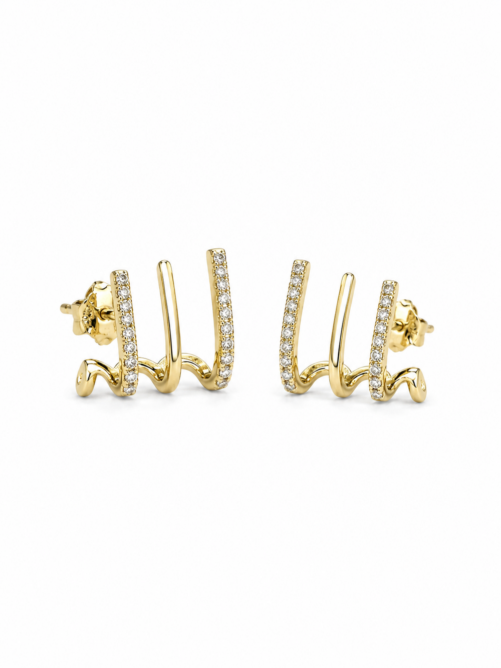 Line Break pavé ear jacket earrings in yellow gold with alternating polished and clear-stone bars