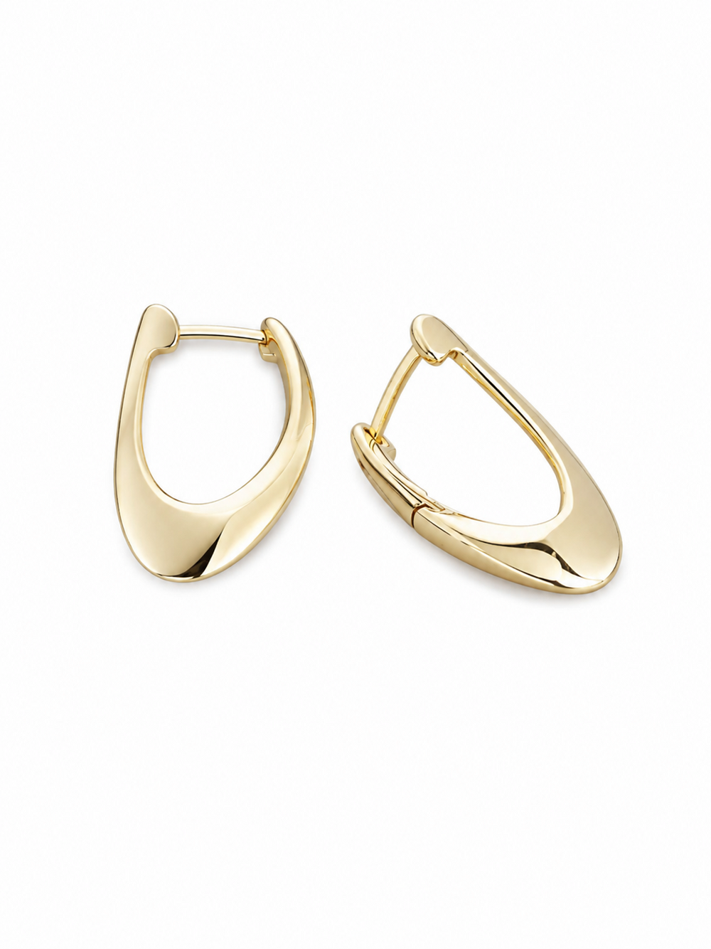 Pair of compact 17 mm Liquid Loop flattened sculptural hoop earrings in polished yellow gold