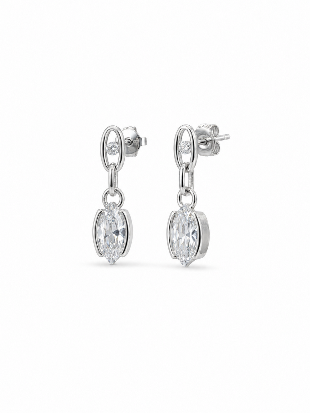 White gold marquise link drop earrings with oval stone-set studs on a white background.
