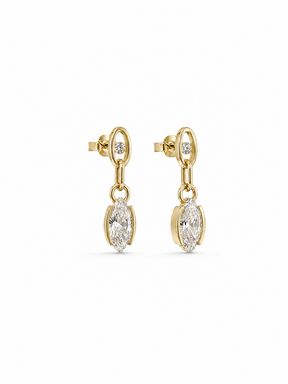 Yellow gold marquise link drop earrings with oval stone-set studs on a white background.
