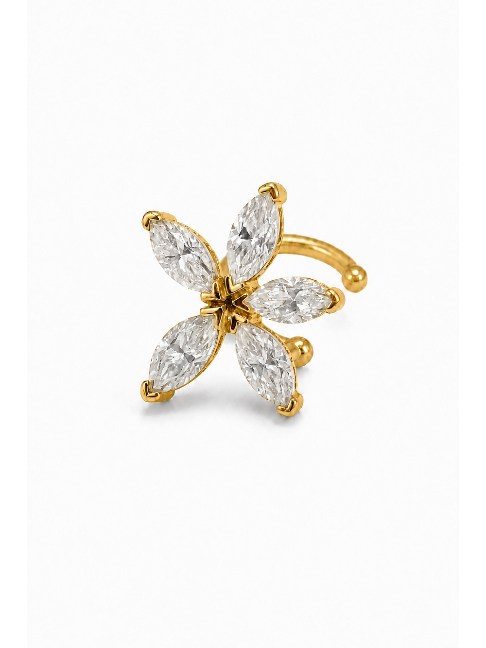 Single yellow gold vermeil ear cuff with five marquise moissanites arranged as a flower
