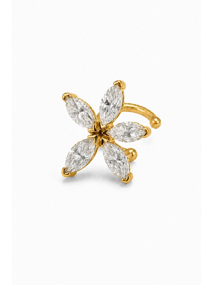 Single yellow gold vermeil ear cuff with five marquise moissanites arranged as a flower