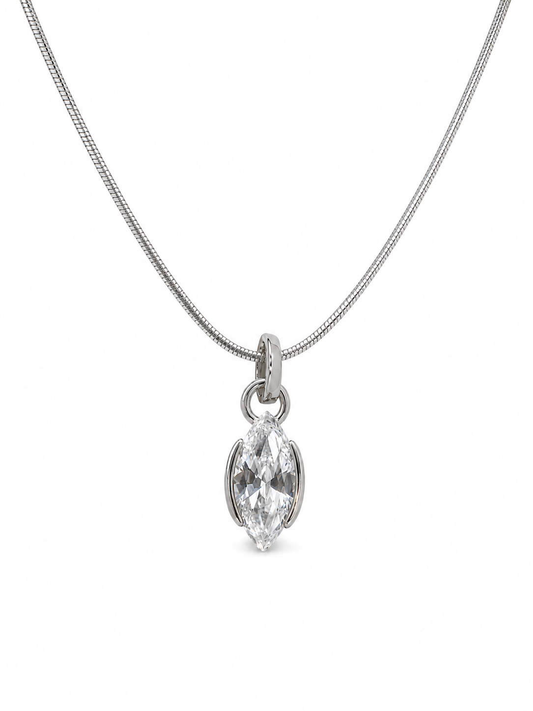 White-gold marquise solitaire pendant on a fine 0.65 mm side snake chain, photographed on white.