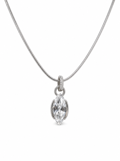 White-gold marquise solitaire pendant on a fine 0.65 mm side snake chain, photographed on white.