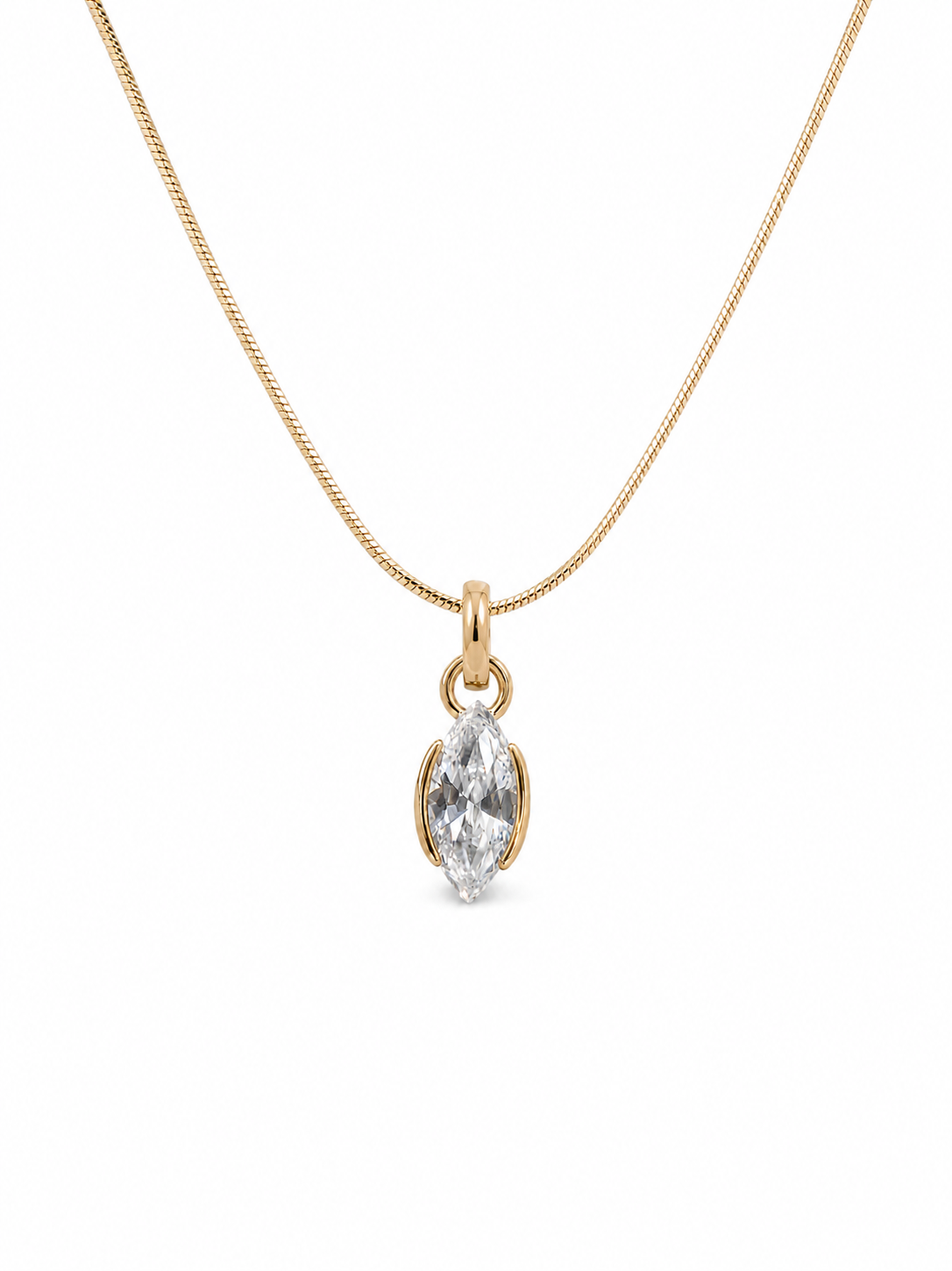 Yellow-gold marquise solitaire pendant on a fine 0.65 mm side snake chain, photographed on white.