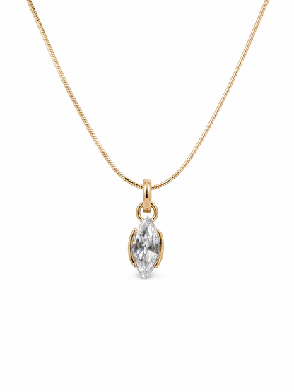 Yellow-gold marquise solitaire pendant on a fine 0.65 mm side snake chain, photographed on white.