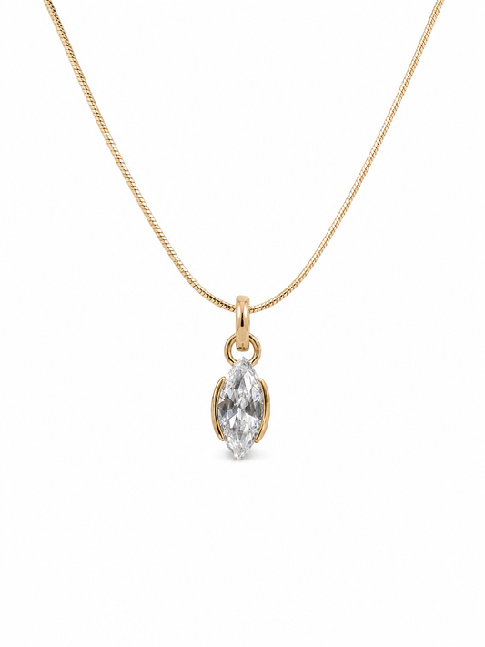 Yellow-gold marquise solitaire pendant on a fine 0.65 mm side snake chain, photographed on white.