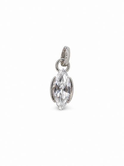 White-gold marquise solitaire pendant with exposed pointed stone tips, minimal open side rails, a small articulated connector and narrow tapered bail on white.