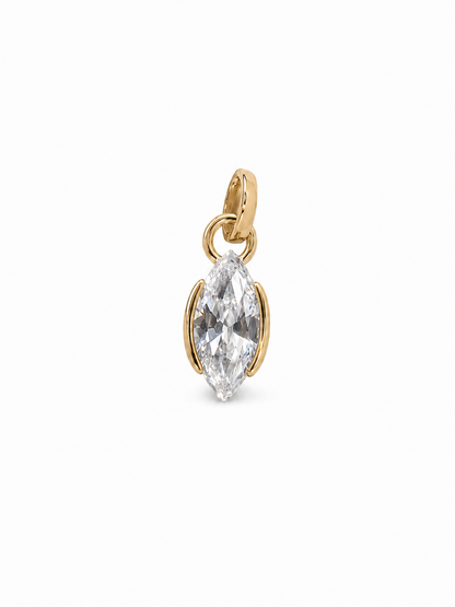 Yellow-gold marquise solitaire pendant with exposed pointed stone tips, minimal open side rails, a small articulated connector and narrow tapered bail on white.