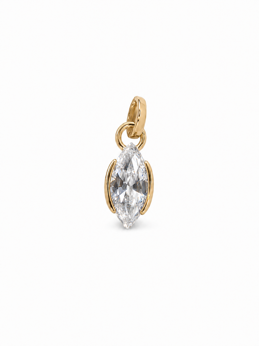 Yellow-gold marquise solitaire pendant with exposed pointed stone tips, minimal open side rails, a small articulated connector and narrow tapered bail on white.