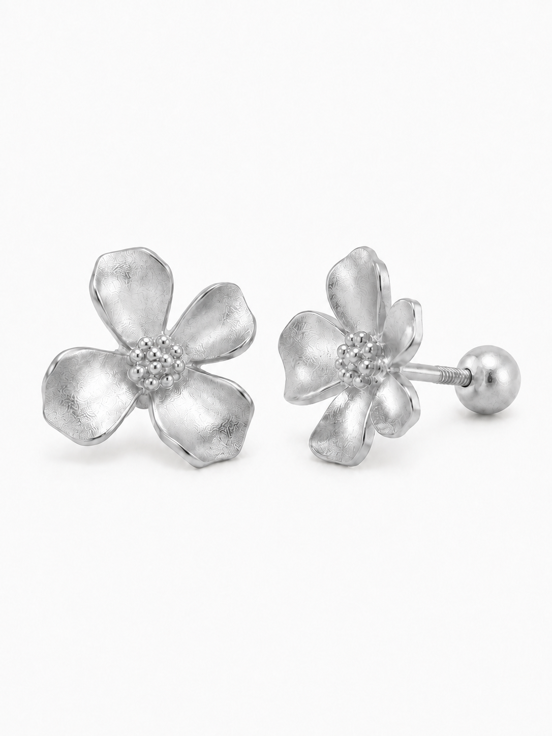 Large 10 mm handmade matte white-gold five-petal wildflower stud earrings showing front and threaded screw-ball back