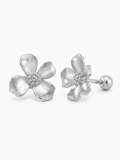 Large 10 mm handmade matte white-gold five-petal wildflower stud earrings showing front and threaded screw-ball back