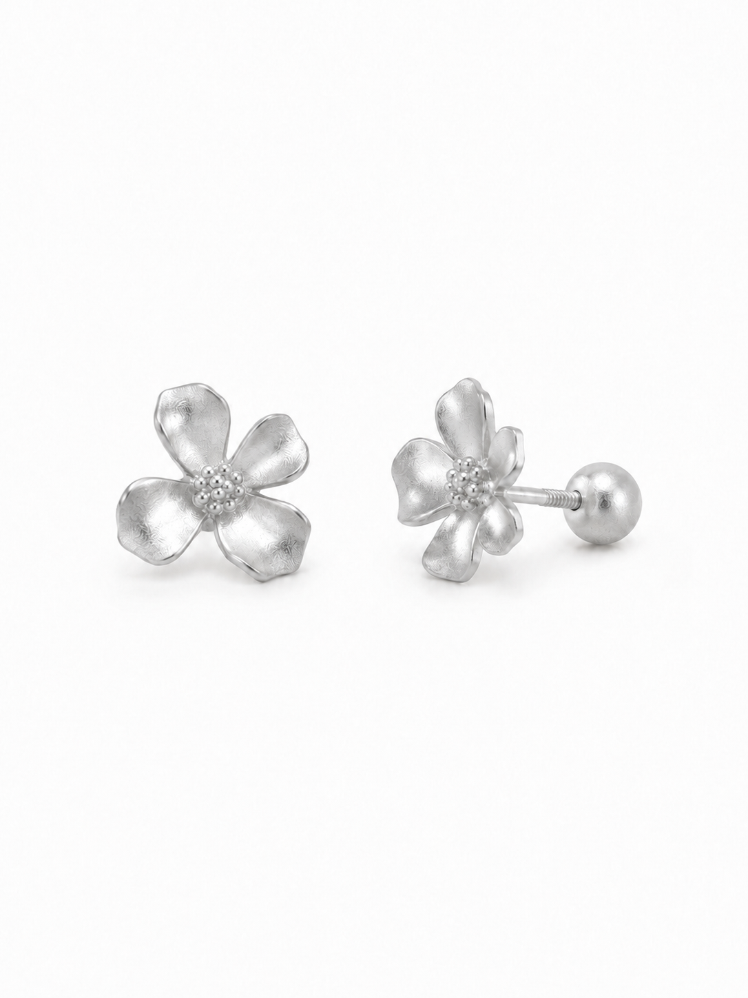 Petite 7 mm handmade matte white-gold five-petal wildflower stud earrings showing front and threaded screw-ball back