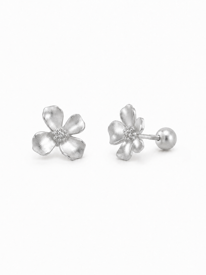 Petite 7 mm handmade matte white-gold five-petal wildflower stud earrings showing front and threaded screw-ball back