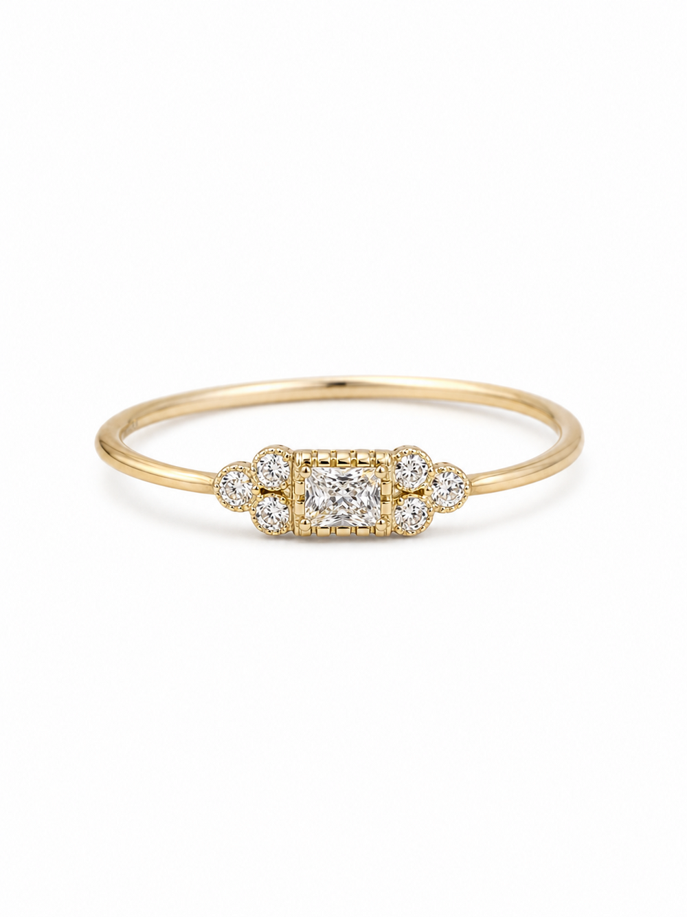 Mina Art Deco cluster ring in yellow gold with a clear princess-cut center stone and six round side stones
