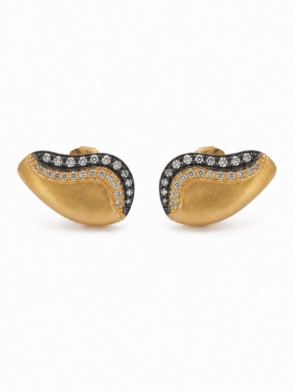 Pair of matte yellow-gold ear-grill studs with a black-rhodium outer stone wave and gold inner pavé wave