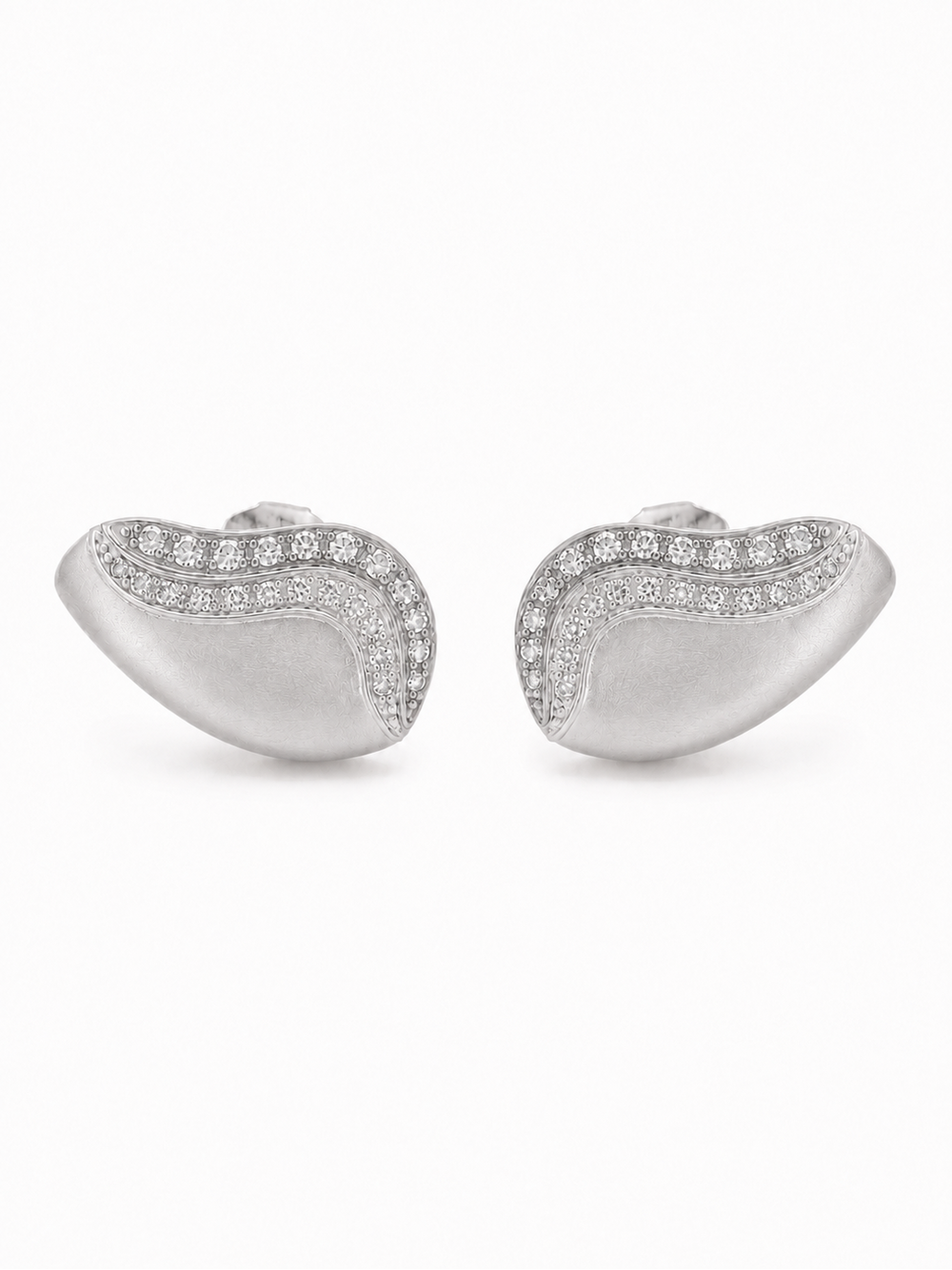 Pair of matte white-gold ear-grill studs with two nested clear-stone waves