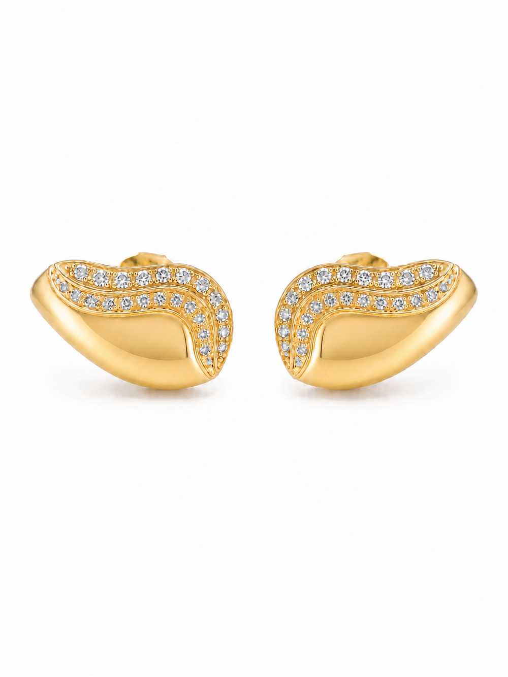 Pair of polished yellow-gold ear-grill studs with two nested clear-stone waves