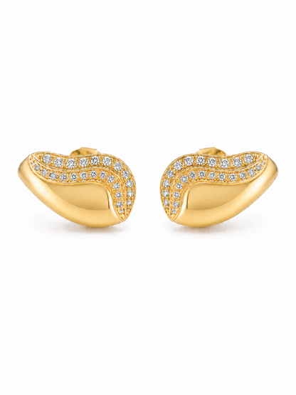 Pair of polished yellow-gold ear-grill studs with two nested clear-stone waves