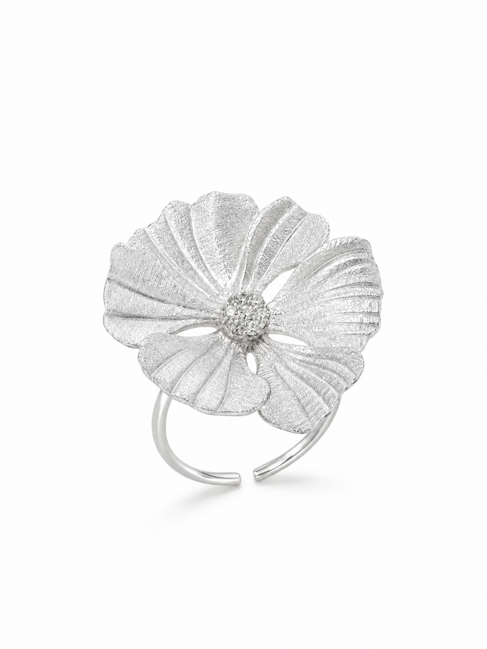 Ecommerce product view of the No Wallflower adjustable peony cocktail ring in 18K white gold vermeil, showing its matte textured sculptural petals, white pavé center, and slender adjustable band on a pure white background.