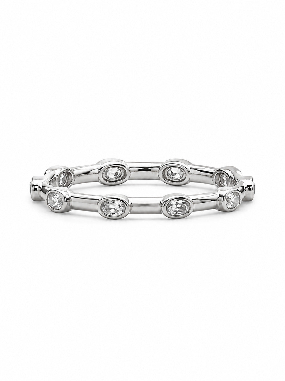White gold Orbit Bezel 360 stacker ring shown horizontally