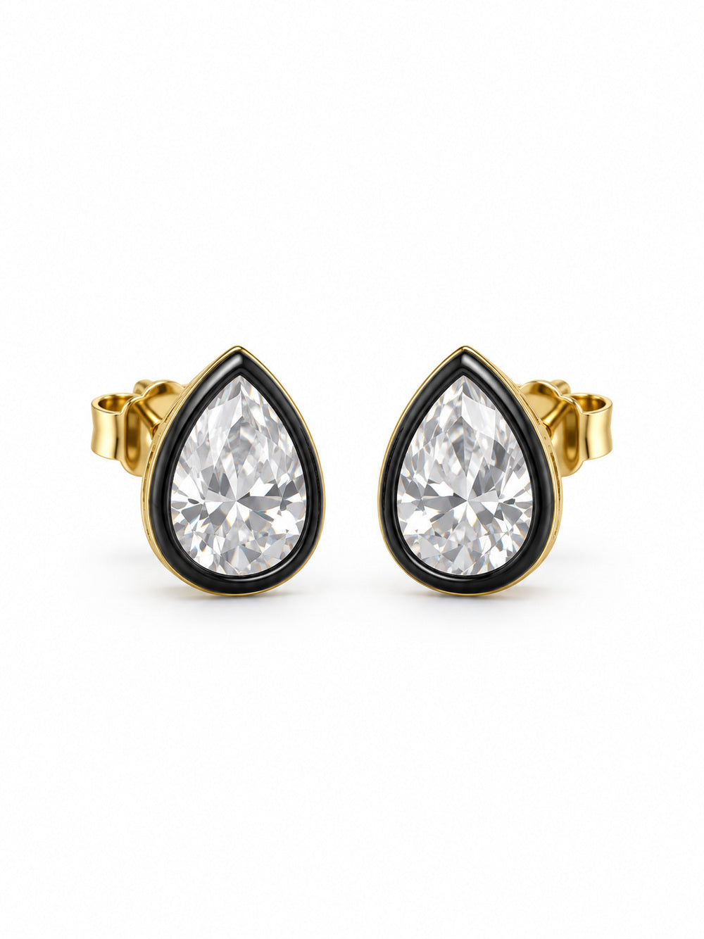 Front view of pear-shaped cubic zirconia stud earrings with elevated black rims and yellow-gold vermeil outlines on white