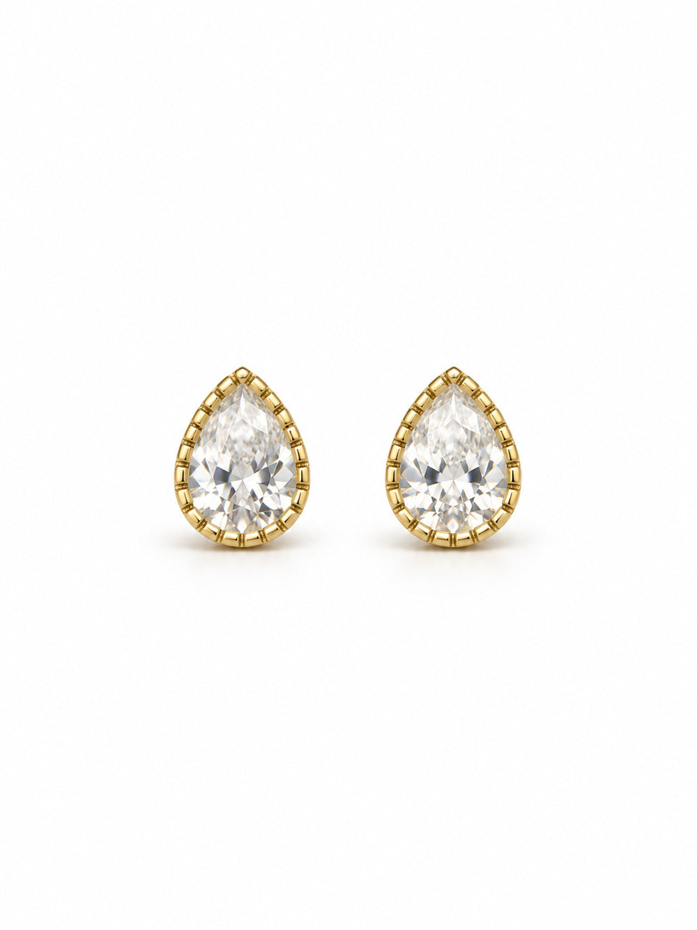 Front view of petite pear-shaped cubic zirconia stud earrings with textured yellow-gold vermeil bezels on white