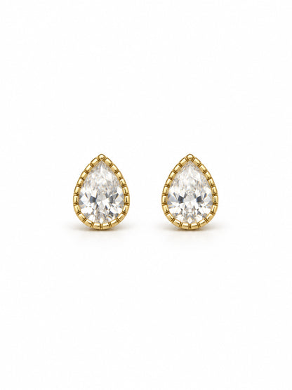 Front view of petite pear-shaped cubic zirconia stud earrings with textured yellow-gold vermeil bezels on white