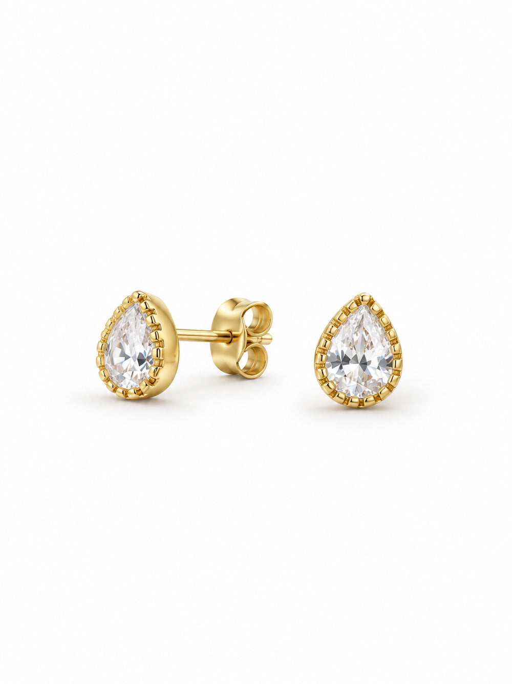 Three-quarter side view of petite pear cubic zirconia studs showing textured gold vermeil bezels, posts and butterfly backs