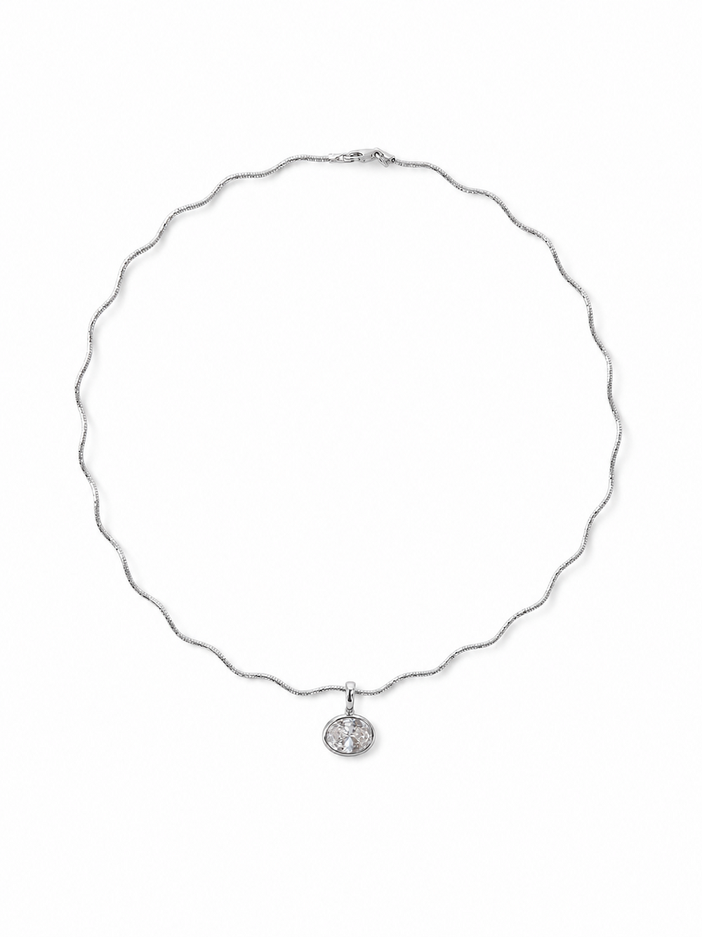 Petite Single-Stone Bezel Pendant hanging from the Free-Willed scalloped sculptural necklace in matching white gold, shown on white.