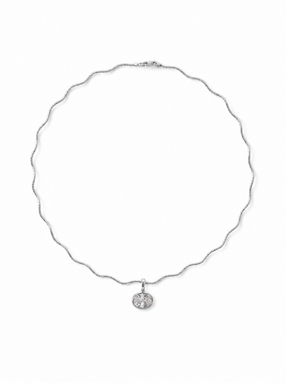 Petite Single-Stone Bezel Pendant hanging from the Free-Willed scalloped sculptural necklace in matching white gold, shown on white.