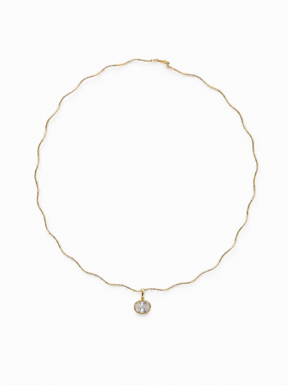 Petite Single-Stone Bezel Pendant hanging from the Free-Willed scalloped sculptural necklace in matching yellow gold, shown on white.