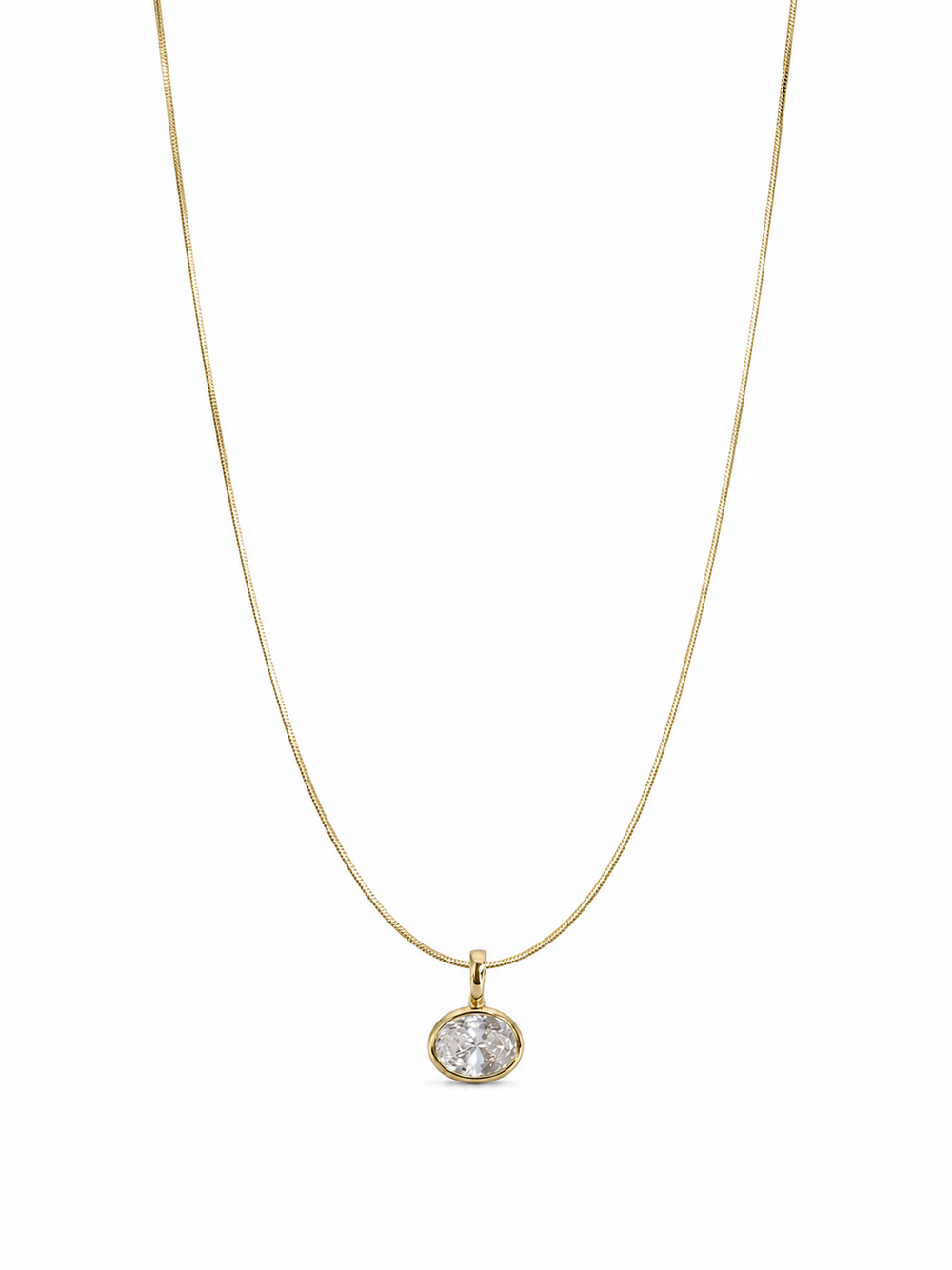 Petite single-stone yellow-gold bezel pendant on a fine 0.65 mm side snake chain, photographed on white.