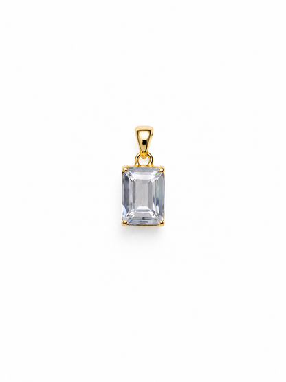Sapphira clear emerald-cut statement pendant in a yellow-gold setting with tapered bail, shown without a chain on white.
